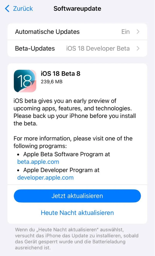 朗县苹果手机维修分享苹果 iOS / iPadOS 18 开发者预览版 Beta 8 发布 